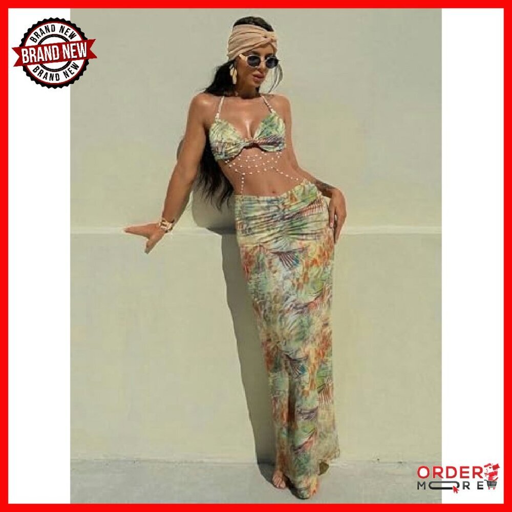 Women's Two Piece Maxi Skirt Set Ruched Backless Crop Top Pearls Chain Decor - Picture 5 of 8